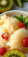 Delightful sorbet with fresh garnishes served in a bowl during a sunny day photo