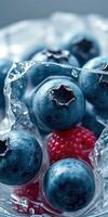 Fresh blueberries and raspberries nestled in ice create a refreshing visual treat photo