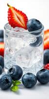 Refreshing cocktail with ice, strawberries, and blueberries garnished with mint leaves in a glass photo