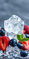 Refreshing ice cube surrounded by fresh strawberries and blueberries on a cool surface photo