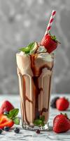 Creamy chocolate milkshake topped with whipped cream and fresh strawberries on a marble counter photo