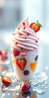 Delicious soft-serve ice cream topped with fresh strawberries and raspberries in a chilled glass on a bright surface photo