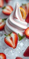 Soft serve ice cream with fresh strawberries and orange slices on ice photo