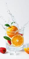 Fresh fruits splash in clear water creating a vibrant and refreshing atmosphere for a summer drink photo