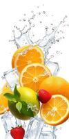 Refreshing citrus and berry splash with ice cubes creating a vibrant drink display photo