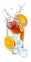 Refreshing citrus cocktail splashes with ice cubes and orange slices in a clear glass on a bright background photo