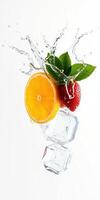 Vibrant fruits and ice cubes create an enticing splash in refreshing drink preparation photo