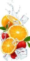 Fresh orange and strawberry slices with ice cubes splashing in water create a refreshing summer vibe photo