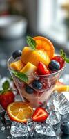 Colorful fruit salad with a variety of fresh berries and citrus served in a glass bowl on ice photo