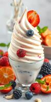 Delicious swirl of creamy dessert topped with fresh fruits in a vibrant setting with assorted berries and citrus photo