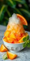 Refreshing tropical fruit bowl with crushed ice and mint served at a vibrant outdoor setting photo