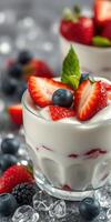 Fresh berries and creamy yogurt create a delicious dessert treat in a stylish glass bowl photo