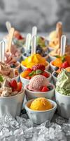 Various flavors of gelato with fresh fruit displayed in cups on a bed of ice photo