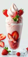 Delicious strawberry dessert topped with whipped cream and fresh strawberries in a clear glass photo