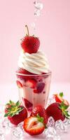 Delicious strawberry dessert with whipped cream and fresh berries on pink backdrop photo