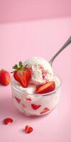 Delicious strawberry ice cream served in a glass bowl on a pink background during a summer afternoon photo
