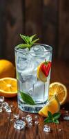 Refreshing summer drink served in a clear glass with ice and fruit garnishes on a wooden table photo