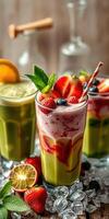 Refreshing summer beverages featuring vibrant fruits and greens on a bright table with ice cubes photo