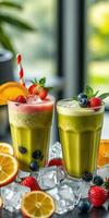 Refreshing fruit smoothies served in glasses with colorful garnishes and ice, perfect for a summer afternoon photo