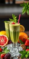 Refreshing green smoothies served with assorted fruits at a vibrant setting photo