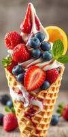 Delicious ice cream cone topped with fresh berries and fruit slices in a delightful presentation photo