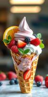 Enjoying a delicious ice cream cone topped with fresh fruits and mint on a sunny day photo