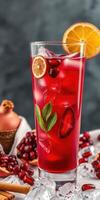 Refreshing summer beverage with vibrant colors featuring fruit garnishes and ice photo