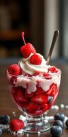 Colorful berry dessert with whipped cream and cherries served in glass bowl photo