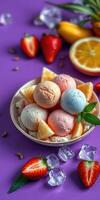 Colorful ice cream dessert with fresh fruits and ice on a vibrant purple background photo