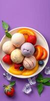 Colorful assortment of ice cream scoops with fresh fruit served in a bowl on a vibrant background photo