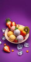 Colorful bowl of ice cream and fresh fruit arranged on a vibrant purple background photo
