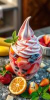 Colorful dessert with creamy swirl and fresh fruits served in a glass bowl at a summer gathering photo
