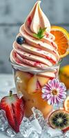 Delicious soft serve ice cream topped with fresh fruits and flowers in a clear cup on a light background photo