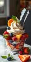 Delicious dessert cup filled with fresh fruit and creamy soft serve at a cozy cafe during afternoon hours photo