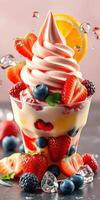 Indulging in a colorful dessert sundae topped with fruit in a vibrant setting photo