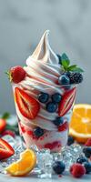 Soft serve ice cream topped with fresh strawberries, blueberries, and blackberries in a dessert cup ready to enjoy photo