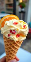 Delicious ice cream cone with fruit pieces enjoyed on a sunny day at a local ice cream shop photo