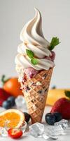 Creamy ice cream cone topped with swirls of vanilla and vibrant fruits arranged on a white background photo