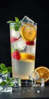 Refreshing cocktail with ice, lemon, and berries served in a tall glass on a dark background photo