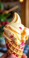 Delicious ice cream cone topped with creamy vanilla and raspberry swirl, perfect summer treat at a sunny outdoor cafe photo