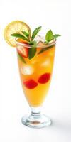 Refreshing fruit cocktail with strawberries, lemon, and mint served over ice in a tall glass photo