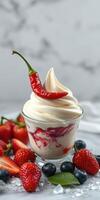 Delicious spicy chili ice cream dessert with fresh strawberries and blueberries served in a glass photo