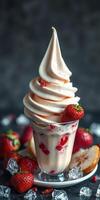 Delicious soft serve with strawberries and ice surrounded by fresh strawberries and citrus at a summer gathering photo