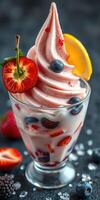 Delicious swirl of soft serve topped with fresh fruit garnishes and colorful berries served in a clear dessert cup photo