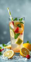 Refreshing summer beverage with assorted fruits and mint on a cool surface photo