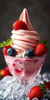 Strawberry and blueberry swirl dessert served in a glass bowl on a bed of ice with fresh fruits photo
