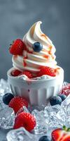 Delightful swirl of soft serve topped with fresh strawberries and blueberries in a bowl filled with ice photo