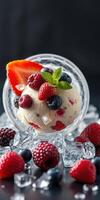 Delicious ice cream dessert served in glass bowl with fresh berries and ice cubes on a dark background photo