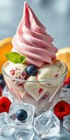 Delicious dessert with creamy ice cream topped with pink swirl and fresh berries served in a glass bowl photo