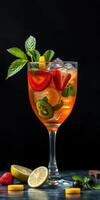 Refreshing fruit cocktail garnished with mint and assorted berries in a stylish glass on a dark background photo